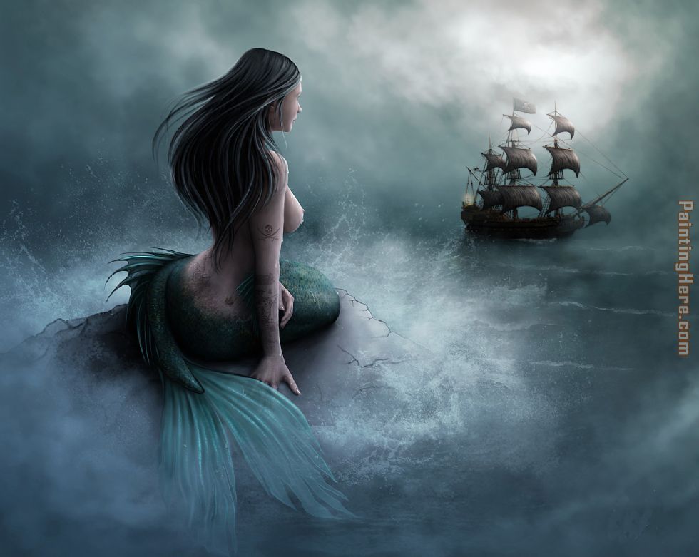 Mermaid and pirate ship painting - Unknown Artist Mermaid and pirate ship art painting